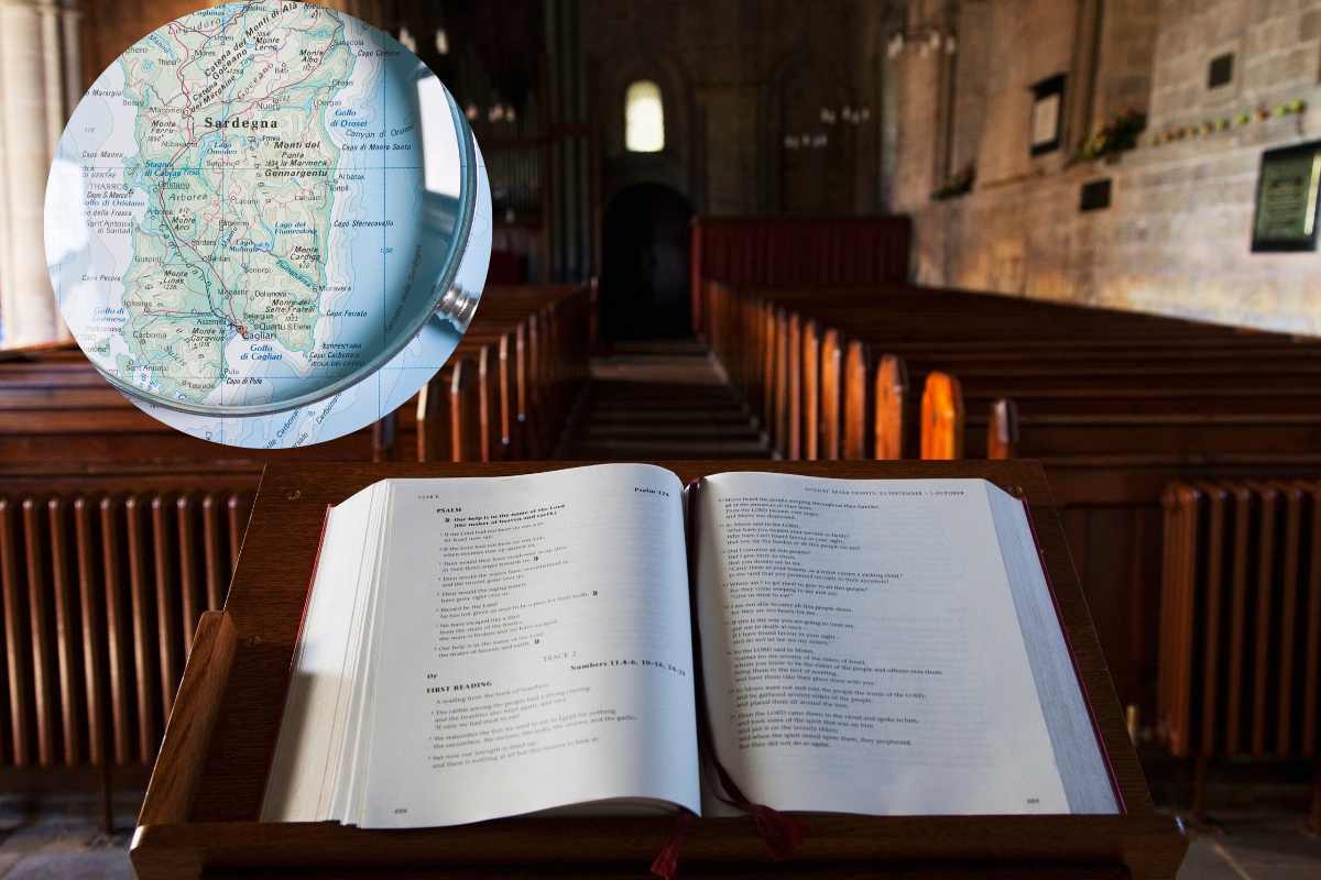 interno di una chiesa e mappa sardegna