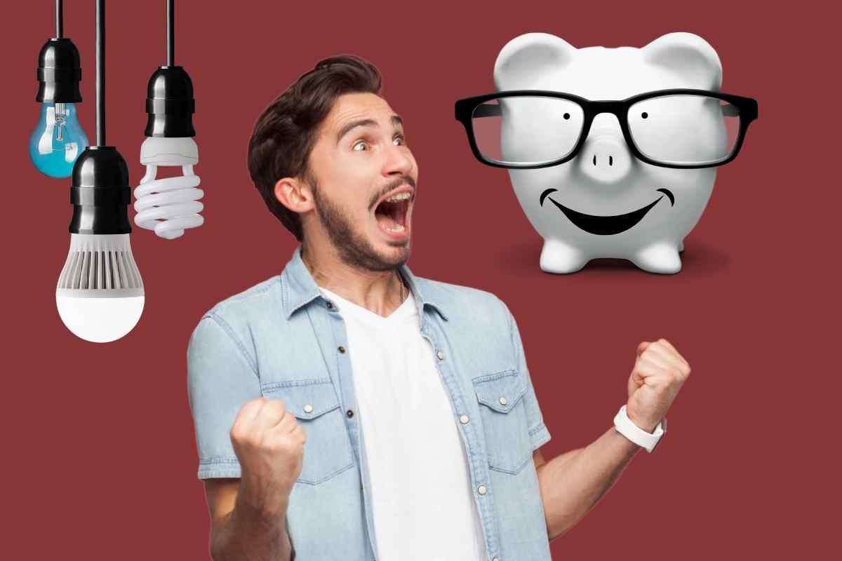 Uomo esulta con lampadine e salvadanaio sorridente