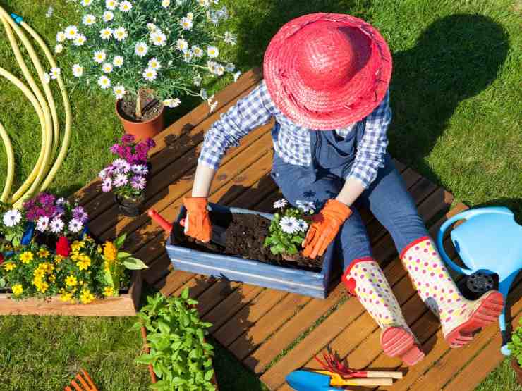 Donna che pulisce il giardino