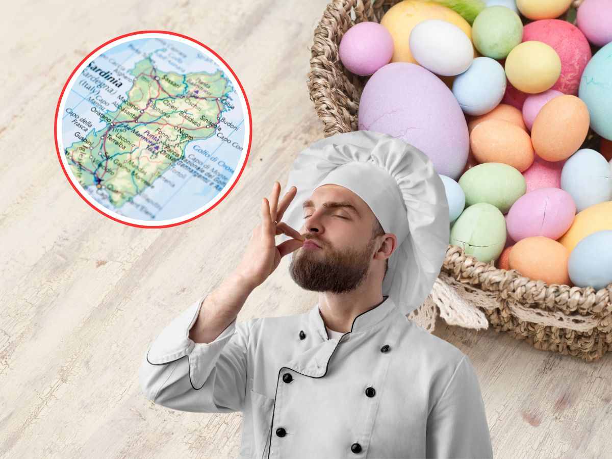 chef, cartina della Sardegna e uno sfondo con uova di Pasqua colorate